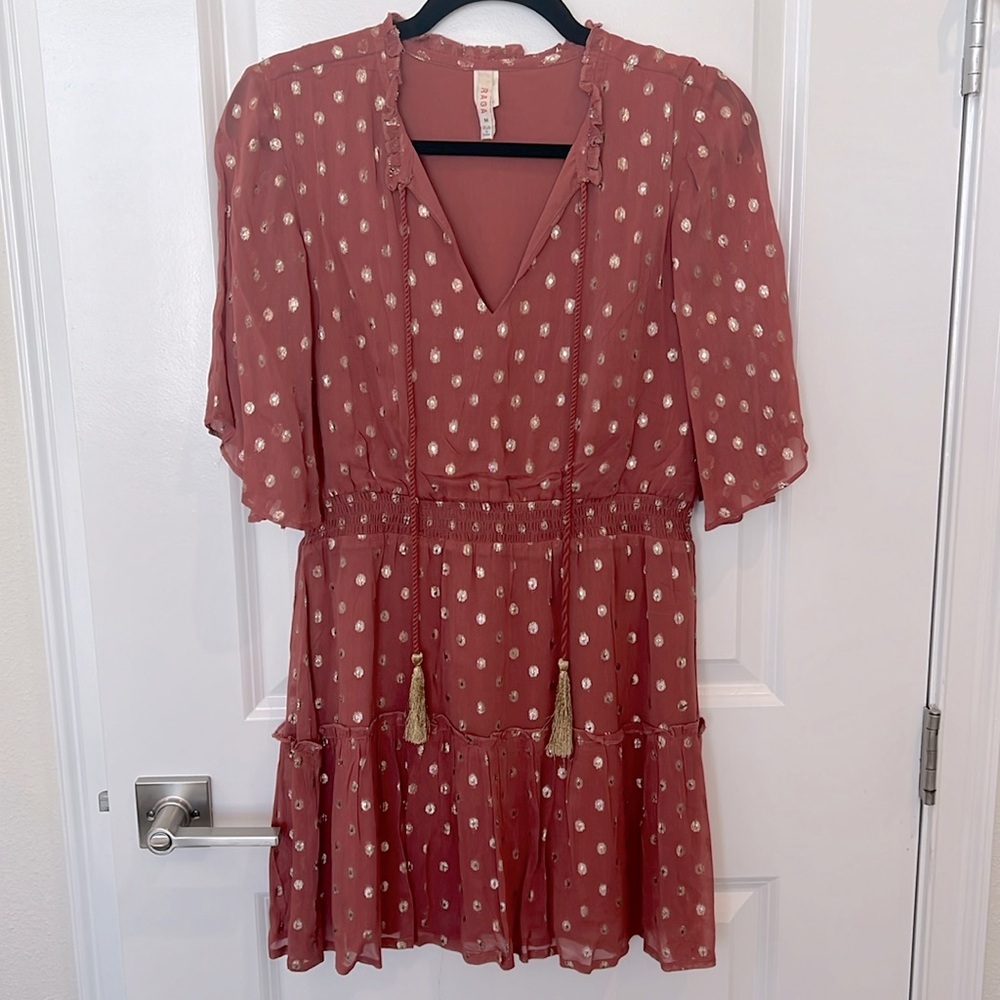 RAGA Anthropology Gold Dot Ruffle Mini Dress